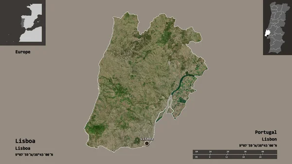 葡萄牙利斯波区及其首府的形状 距离刻度 预览和标签 卫星图像 3D渲染 — 图库照片