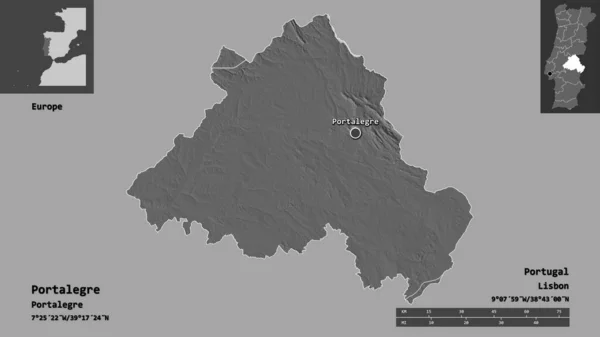 葡萄牙波塔莱格尔区及其首府的形状 距离刻度 预览和标签 Bilevel高程图 3D渲染 — 图库照片