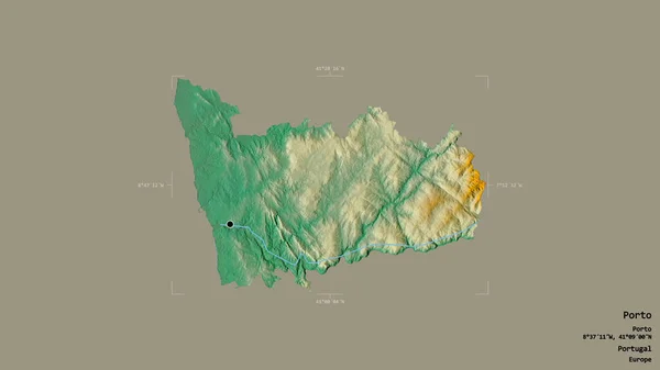 波尔图地区 葡萄牙地区 孤立在坚实的背景下在一个地理参考的包围盒 地形浮雕图 3D渲染 — 图库照片