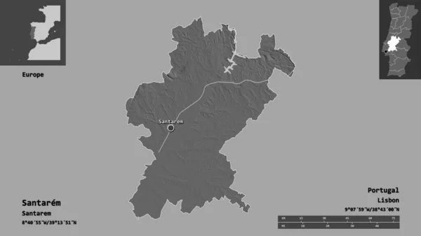 サンタレムの形 ポルトガルの地区 およびその首都 距離スケール プレビューおよびラベル 標高マップ 3Dレンダリング — ストック写真