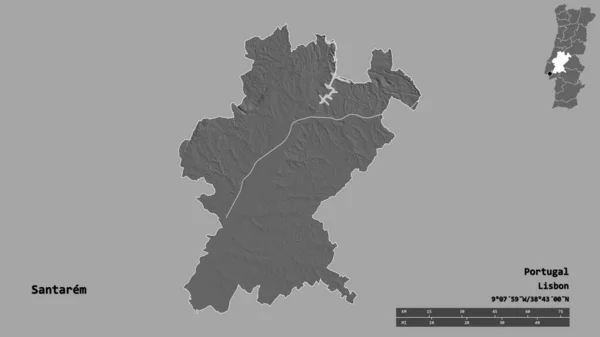 葡萄牙桑泰雷姆区的形状 其首都在坚实的背景下与世隔绝 距离尺度 区域预览和标签 Bilevel高程图 3D渲染 — 图库照片