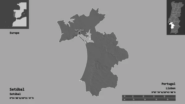 葡萄牙塞图巴尔地区的形状及其首都 距离刻度 预览和标签 Bilevel高程图 3D渲染 — 图库照片