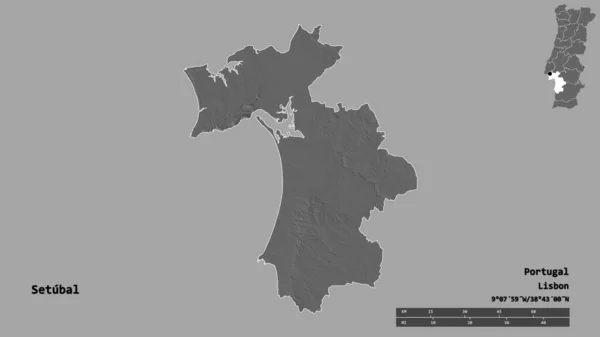 ポルトガルの首都セトゥバルの形は しっかりとした背景に隔離されています 距離スケール リージョンプレビュー およびラベル 標高マップ 3Dレンダリング — ストック写真