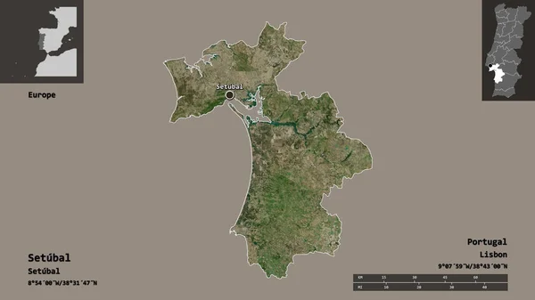 葡萄牙塞图巴尔地区的形状及其首都 距离刻度 预览和标签 卫星图像 3D渲染 — 图库照片