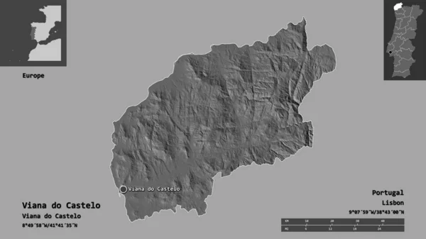 葡萄牙维阿纳多卡斯特洛区及其首府的形状 距离刻度 预览和标签 Bilevel高程图 3D渲染 — 图库照片