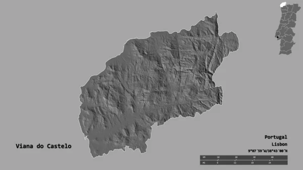 葡萄牙维阿纳多卡斯特洛区的形状 其首都在坚实的背景下与世隔绝 距离尺度 区域预览和标签 Bilevel高程图 3D渲染 — 图库照片