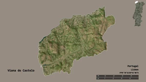 葡萄牙维阿纳多卡斯特洛区的形状 其首都在坚实的背景下与世隔绝 距离尺度 区域预览和标签 卫星图像 3D渲染 — 图库照片