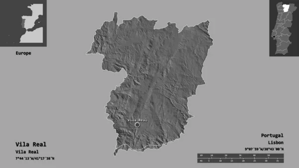 葡萄牙Vila Real区的形状及其首都 距离刻度 预览和标签 Bilevel高程图 3D渲染 — 图库照片