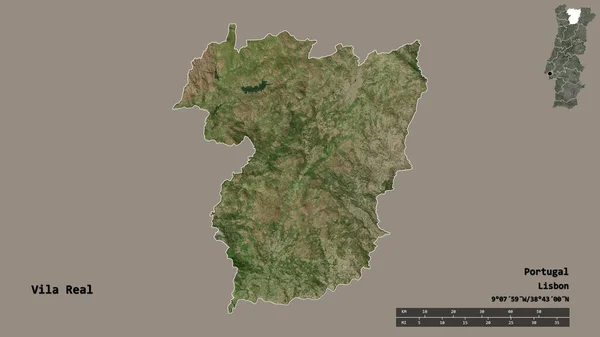 葡萄牙Vila Real区的形状 其首都在坚实的背景下与世隔绝 距离尺度 区域预览和标签 卫星图像 3D渲染 — 图库照片