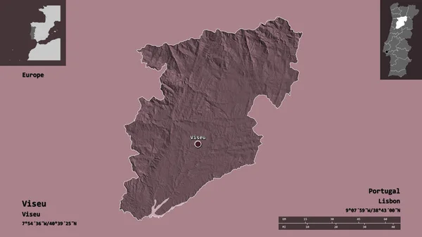 ポルトガルの首都ヴィゼウの形 距離スケール プレビューおよびラベル 色の標高マップ 3Dレンダリング — ストック写真