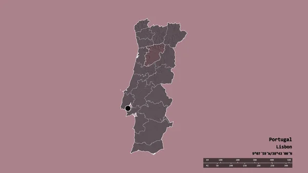 以首都 主要区域分部和独立的Viseu地区为首都的葡萄牙的绝望面貌 彩色高程图 3D渲染 — 图库照片