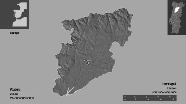 葡萄牙维索地区的形状及其首都 距离刻度 预览和标签 Bilevel高程图 3D渲染 — 图库照片