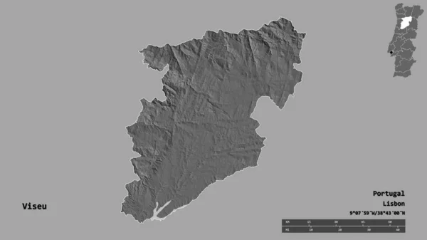 ポルトガルの首都ヴィゼウの形は しっかりとした背景に隔離されています 距離スケール リージョンプレビュー およびラベル 標高マップ 3Dレンダリング — ストック写真