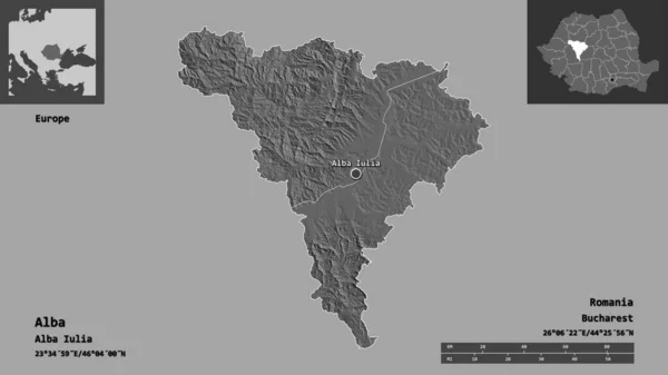 アルバの形 ルーマニアの郡とその首都 距離スケール プレビューおよびラベル 標高マップ 3Dレンダリング — ストック写真