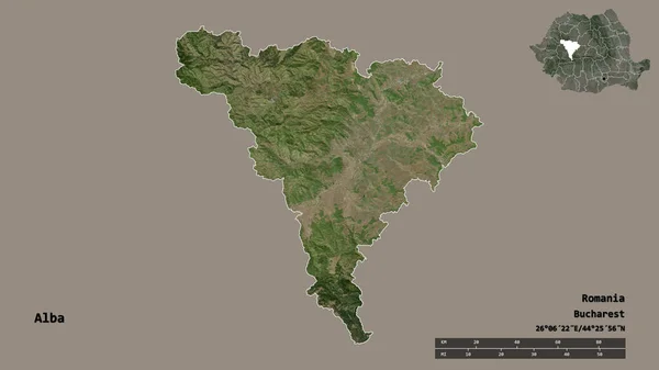 罗马尼亚Alba县的形状 其首都在坚实的背景下与世隔绝 距离尺度 区域预览和标签 卫星图像 3D渲染 — 图库照片