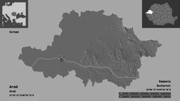 アラドの形 ルーマニアの郡とその首都 距離スケール プレビューおよびラベル 標高マップ 3Dレンダリング — ストック写真