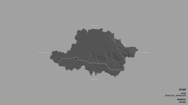 ルーマニアの郡アラドの地域は 洗練された境界の箱の中にしっかりとした背景に隔離されています ラベル 標高マップ 3Dレンダリング — ストック写真