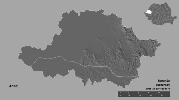 亚拉得形状 罗马尼亚的一个县 它的首都孤立在坚实的背景上 距离尺度 区域预览和标签 Bilevel高程图 3D渲染 — 图库照片