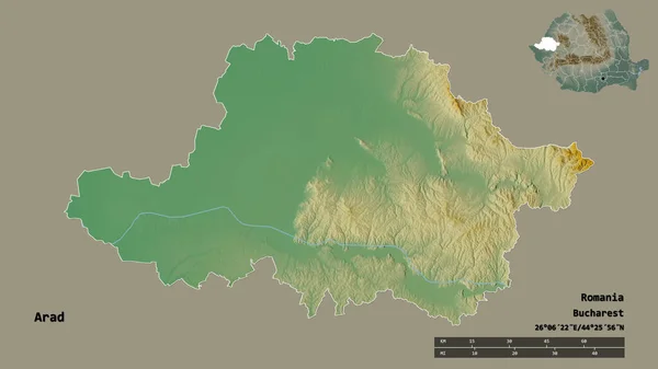 ルーマニアの郡アラドの形で その首都はしっかりとした背景に隔離されています 距離スケール リージョンプレビュー およびラベル 地形図 3Dレンダリング — ストック写真