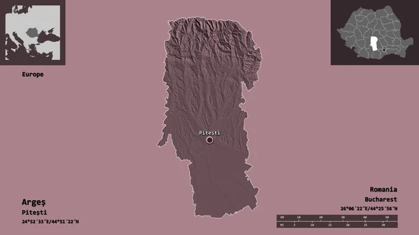 アルジュの形 ルーマニアの郡とその首都 距離スケール プレビューおよびラベル 色の標高マップ 3Dレンダリング — ストック写真