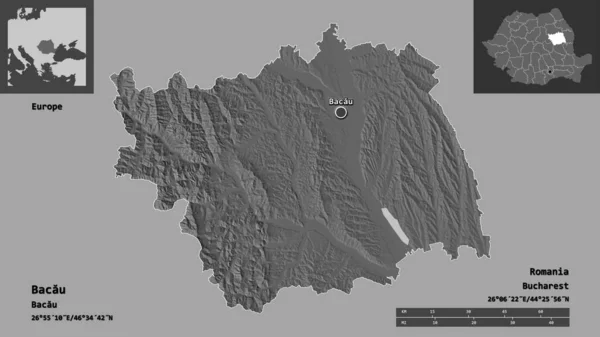 ルーマニアの郡バカウとその首都の形 距離スケール プレビューおよびラベル 標高マップ 3Dレンダリング — ストック写真