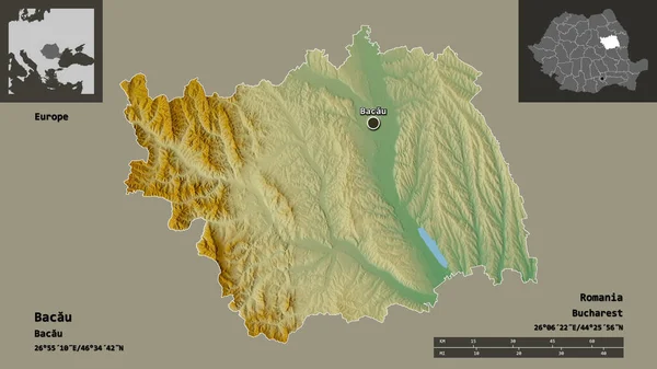 巴考的形状 罗马尼亚的县城 距离刻度 预览和标签 地形浮雕图 3D渲染 — 图库照片