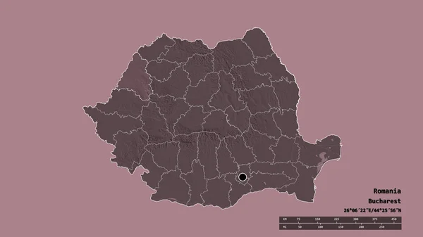 以首都 主要区域分部和分离的比霍尔地区为首都的罗马尼亚的绝望面貌 彩色高程图 3D渲染 — 图库照片