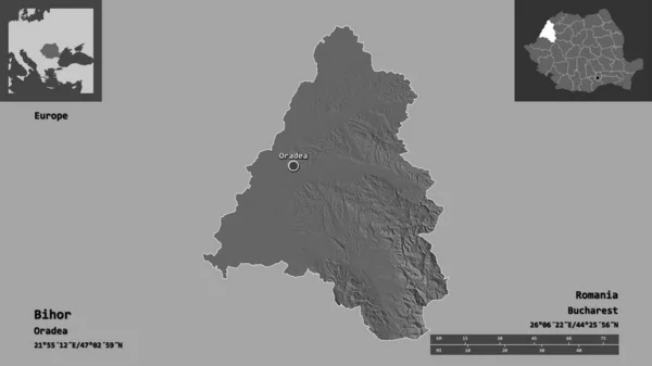 ビホールの形 ルーマニアの郡とその首都 距離スケール プレビューおよびラベル 標高マップ 3Dレンダリング — ストック写真