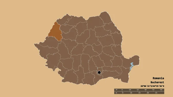Desaturated Shape Romania Its Capital Main Regional Division Separated Bihor — Stock Photo, Image