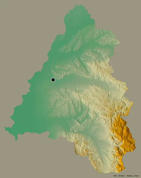 ルーマニアの郡ビホールの形で その首都はしっかりした色の背景に隔離されています 地形図 3Dレンダリング — ストック写真