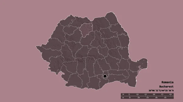 以首都 主要区域分部和分隔的比斯特里塔 纳沙特地区为首都的罗马尼亚的绝望状态 彩色高程图 3D渲染 — 图库照片