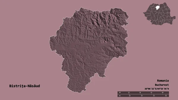 罗马尼亚Bistrita Nasaud县的形状 其首都在坚实的背景下与世隔绝 距离尺度 区域预览和标签 彩色高程图 3D渲染 — 图库照片