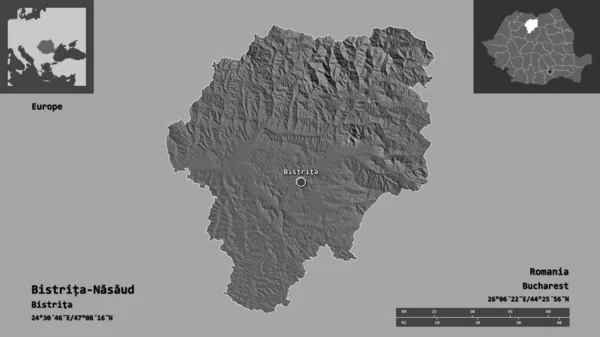 Shape Dari Bistrita Nasaud Rumania Dan Ibukotanya Skala Jarak Pratinjau — Stok Foto