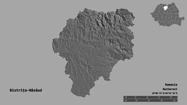 罗马尼亚Bistrita Nasaud县的形状 其首都在坚实的背景下与世隔绝 距离尺度 区域预览和标签 Bilevel高程图 3D渲染 — 图库照片