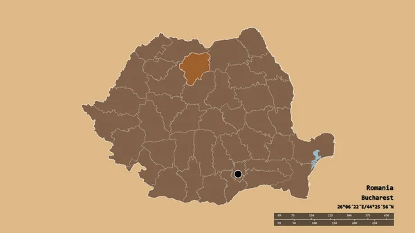 Desaturerad Form Rumänien Med Dess Huvudstad Huvudsakliga Regionala Indelning Och — Stockfoto