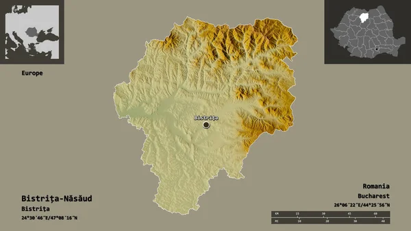 罗马尼亚Bistrita Nasaud的形状及其首都 距离刻度 预览和标签 地形浮雕图 3D渲染 — 图库照片