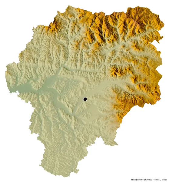 罗马尼亚Bistrita Nasaud县的形状 其首都因白人背景而孤立 地形浮雕图 3D渲染 — 图库照片