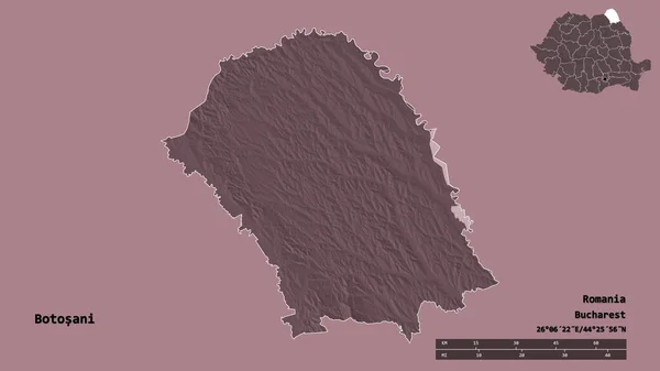 波托萨尼的形状 罗马尼亚的县 其首都孤立的坚实的背景 距离尺度 区域预览和标签 彩色高程图 3D渲染 — 图库照片