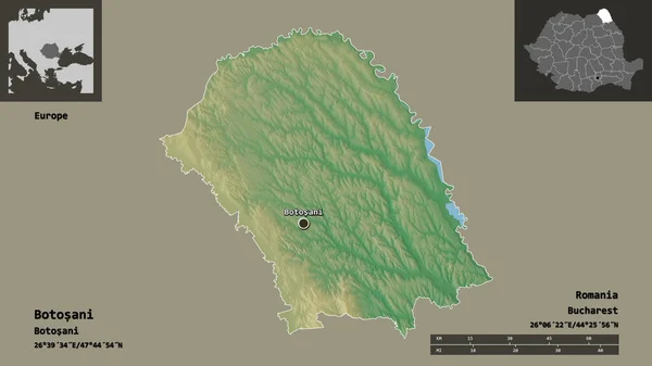 ルーマニアの郡ボトサニとその首都の形 距離スケール プレビューおよびラベル 地形図 3Dレンダリング — ストック写真