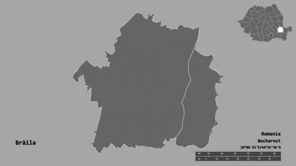 罗马尼亚布拉拉县的形状 其首都在坚实的背景下与世隔绝 距离尺度 区域预览和标签 Bilevel高程图 3D渲染 — 图库照片