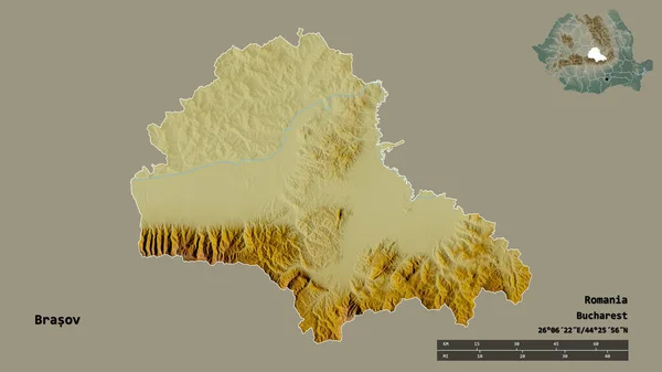 Form Brasov Grevskapet Rumänien Med Huvudstaden Isolerad Solid Bakgrund Avståndsskala — Stockfoto