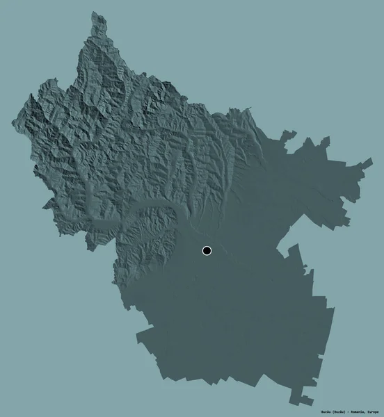 罗马尼亚Buzau县的形状 其首都以纯色背景隔离 彩色高程图 3D渲染 — 图库照片
