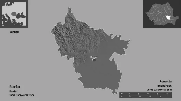 ブザウの形 ルーマニアの郡とその首都 距離スケール プレビューおよびラベル 標高マップ 3Dレンダリング — ストック写真