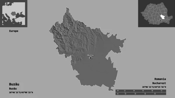 Forma Buzau Condado Romênia Sua Capital Escala Distância Previews Rótulos — Fotografia de Stock
