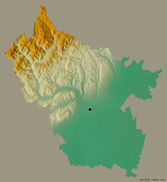 ルーマニアの郡ブザウの形で その首都はしっかりとした色の背景に隔離されています 地形図 3Dレンダリング — ストック写真