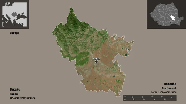 ブザウの形 ルーマニアの郡とその首都 距離スケール プレビューおよびラベル 衛星画像 3Dレンダリング — ストック写真