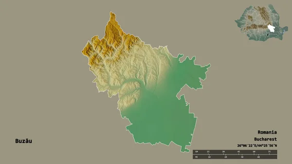 ルーマニアの郡ブザウの形で その首都はしっかりとした背景に隔離されています 距離スケール リージョンプレビュー およびラベル 地形図 3Dレンダリング — ストック写真