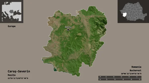カラス セヴェリンの形 ルーマニアの郡とその首都 距離スケール プレビューおよびラベル 衛星画像 3Dレンダリング — ストック写真