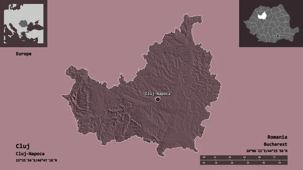 克洛伊的形状 罗马尼亚的县 及其首都 距离刻度 预览和标签 彩色高程图 3D渲染 — 图库照片