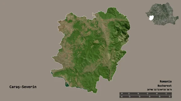 ルーマニアの郡 カラス セヴァリンの形で その首都はしっかりとした背景に孤立しています 距離スケール リージョンプレビュー およびラベル 衛星画像 3Dレンダリング — ストック写真
